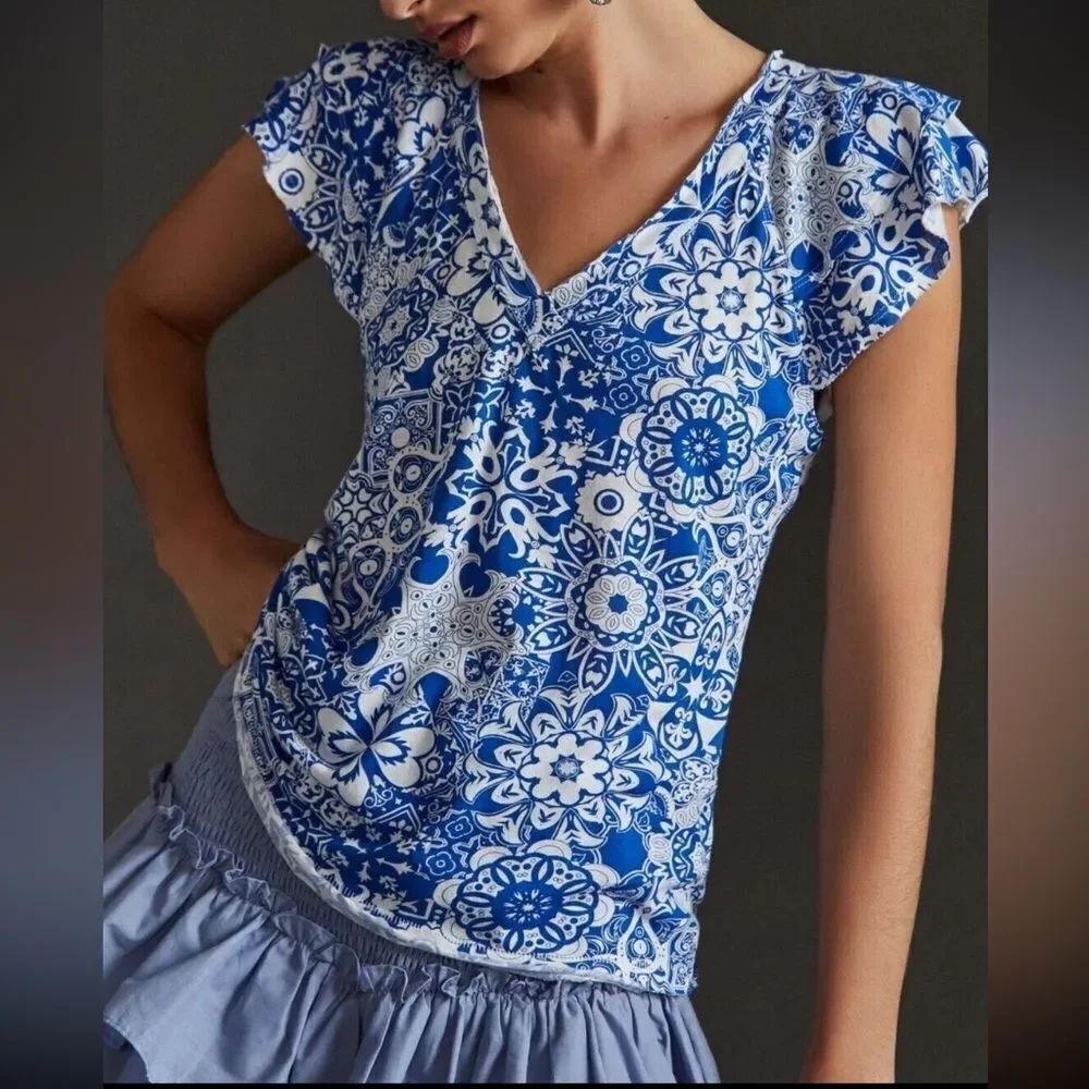 ANTHROPOLOGIE MAEVE Catie Ruffle-Sleeved Top Floral Print Blue White Medium